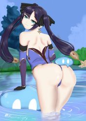 Rule 34 | 1girl, 2others, absurdres, artist name, ass, bare shoulders, black hair, blush, breasts, detached sleeves, elbow gloves, embarrassed, from behind, genshin impact, gloves, green eyes, hair ornament, hair ribbon, highres, huge ass, leotard, long hair, looking at viewer, mona (genshin impact), monster, multiple others, ribbon, ruper allmighty, shiny skin, sideboob, slime (genshin impact), thick thighs, thighs, thong leotard, twintails, very long hair, water, wavy mouth
