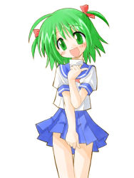 Rule 34 | 1girl, :d, blush, bow, green eyes, green hair, hair ribbon, happy, head tilt, matching hair/eyes, open mouth, pleated skirt, ribbon, school uniform, serafuku, short hair, short twintails, skirt, smile, solo, suka, twintails, two side up