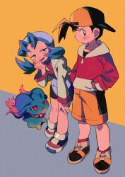 Rule 34 | 1boy, 1girl, backwards hat, baseball cap, bike shorts, black hair, blue eyes, blue hair, blush, colored sclera, creatures (company), diamond mouth, ethan (pokemon), film grain, frown, game freak, gen 2 pokemon, ghost, grin, hair intakes, hand on own chin, hand on own leg, hands in pockets, hat, highres, hood, hooded sweater, jacket, kris (pokemon), leaning forward, light blush, looking to the side, misdreavus, nintendo, ok ko19, pokemon, pokemon (creature), pokemon gsc, purple eyes, red eyes, red shirt, red socks, red sweater, shirt, shoes, short hair, shorts, slit pupils, smile, sneakers, socks, sweater, twintails, v-shaped eyebrows, white hat, white jacket, white socks, wide sleeves, yellow background, yellow sclera, yellow shorts