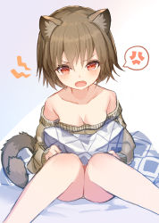 Rule 34 | 1girl, anger vein, animal ears, bad id, bad twitter id, bare shoulders, blush, breasts, brown hair, brown shirt, cat ears, cat girl, cat tail, cleavage, collarbone, commentary request, fangs, feet out of frame, hair between eyes, knees together feet apart, knees up, long sleeves, looking at viewer, medium breasts, off-shoulder shirt, off shoulder, open mouth, original, red eyes, rk (rktorinegi), shirt, short hair, sitting, solo, spoken anger vein, tail, tears