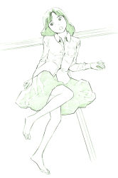 Rule 34 | 1girl, barefoot, dress shirt, green theme, long hair, monochrome, original, shirt, sketch, skirt, solo, traditional media, yoshitomi akihito