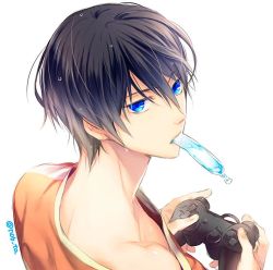 Rule 34 | 10s, 1boy, artist request, black hair, blue eyes, controller, food, free!, ice cream, looking at viewer, male focus, nanase haruka (free!), off shoulder, short hair, source request, twitter username, wet