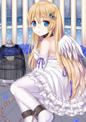 Rule 34 | 1girl, ankle cuffs, blonde hair, blue eyes, chain, dress, elbow gloves, frills, gloves, ikeda yuuki, long hair, original, pantyhose, solo, strapless, strapless dress, white pantyhose, wings