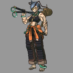 Rule 34 | 1girl, alternate costume, alternate hairstyle, antennae, arthropod girl, barefoot, black vest, centipede girl, crotchless, crotchless pants, facial scar, full body, grey hair, highres, himemushi momoyo, holding, holding pickaxe, holding shovel, jacket, jewelry, kaibootsu, looking at viewer, midriff, multiple rings, muscular, muscular female, o-ring, orange jacket, pants, pickaxe, pointy ears, ring, scar, scar on cheek, scar on face, scared, sharp teeth, short hair, shovel, slit pupils, solo, standing, teeth, touhou, vest, yellow eyes