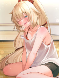 Rule 34 | 1girl, ;d, akai haato, aqua eyes, bare shoulders, between legs, black shorts, blonde hair, blush, bra, bra visible through clothes, breasts, collarbone, commentary request, hair ornament, hair ribbon, hairpin, half-closed eyes, hand between legs, highres, hololive, indoors, long hair, looking at viewer, magowasabi, medium breasts, one eye closed, open mouth, ponytail, ponytail holder, red bra, red ribbon, ribbon, shirt, short shorts, shorts, sitting, smile, solo, strap slip, sweat, underwear, very long hair, virtual youtuber, wariza, white shirt, wooden floor