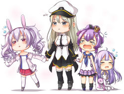 Rule 34 | &gt; &lt;, 4girls, absurdres, ahoge, animal ears, azur lane, candy rimo, chibi, coat, commentary, crown, crying, elbow gloves, english commentary, english text, enterprise (azur lane), fake animal ears, full body, gloves, grey eyes, hair between eyes, hair bun, hair ornament, hairclip, hat, highres, holding hands, hugging doll, hugging object, javelin (azur lane), laffey (azur lane), long hair, long sleeves, looking at viewer, mini crown, multiple girls, necktie, off-shoulder coat, off shoulder, one side up, peaked cap, pleated skirt, ponytail, purple hair, rabbit ears, red eyes, side bun, sidelocks, silver hair, single hair bun, single side bun, skirt, sleepy, spaghetti strap, standing, stuffed animal, stuffed toy, stuffed winged unicorn, thighhighs, twintails, unicorn (azur lane), white background, white gloves, white legwear, zettai ryouiki