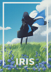 Rule 34 | 1girl, absurdres, black dress, black hair, blue eyes, blue flower, chinese commentary, cloud, colored inner hair, commentary, dress, english commentary, flower, grass, highres, instrument case, long hair, mechanical hands, mechanical legs, mixed-language commentary, multicolored hair, punishing: gray raven, puyuyan, scenery, selena: tempest (punishing: gray raven), selena (punishing: gray raven), single mechanical leg, sky, solo, straight hair