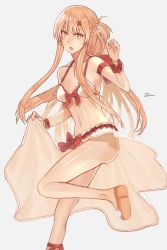 Rule 34 | 1girl, absurdres, asuna (sao), bad id, bad pixiv id, bikini, bow, braid, breasts, brown eyes, brown hair, cleavage, collarbone, crown braid, floating hair, frilled bikini, frills, grey background, highres, leg up, long hair, looking at viewer, medium breasts, open mouth, red bow, riko201008, shiny skin, sideboob, signature, simple background, skirt hold, slit pupils, solo, standing, standing on one leg, swimsuit, sword art online, thighs, very long hair, waist cape, white bikini, wrist cuffs