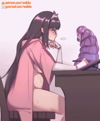 Rule 34 | ..., 1girl, anal, anal object insertion, animated, animated gif, black hair, blush, breasts, censored, chair, deep penetration, desk, dildo, double insertion, double penetration, dragon dildo, dress, elbow gloves, fate/grand order, fate (series), female masturbation, fingerless gloves, from side, glasses, gloves, gown, gradient background, hairband, head rest, heart, heart censor, huge dildo, large insertion, long hair, masturbation, medium breasts, multiple insertions, object insertion, osakabehime (fate), pointless censoring, pussy juice, pussy juice trail, sex toy, sideboob, sidelocks, sitting, solo, speech bubble, spoken ellipsis, stomach bulge, sweat, third-party edit, vaginal, vaginal object insertion, very long hair, wabiko1126