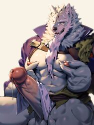 Rule 34 | 1boy, absurdres, animal ears, bara, bare pectorals, beard, clothes lift, facial hair, furry, furry male, girthy penis, grey fur, highres, huge eyebrows, huge penis, large hands, large pectorals, law (sdorica), long beard, looking at viewer, male focus, mature male, muscular, muscular male, nipple stimulation, nipple tweak, nipples, pectorals, pelvic curtain, pelvic curtain lift, penis, precum, sdorica, seductive smile, smile, solo, sweat, thick eyebrows, thick thighs, thighs, tweaking own nipple, uncensored, uza (hellme), wolf boy, wolf ears