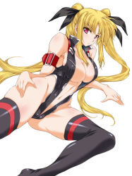 Rule 34 | 1girl, alternate costume, arm belt, bare shoulders, black leotard, black thighhighs, blonde hair, breasts, center opening, cleavage, commentary request, fate testarossa, fate testarossa (true sonic form), hand on own hip, highleg, highleg leotard, large breasts, leotard, long hair, looking at viewer, lying, lyrical nanoha, mahou shoujo lyrical nanoha strikers, navel, no bra, on side, parted lips, red eyes, ribbon, simple background, skindentation, solo, thighhighs, twintails, unzipped, very long hair, white background, yashima tetsuya
