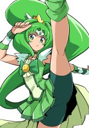 1girl cure_march dress green_dress green_eyes green_hair green_shorts high_ponytail highres looking_at_viewer magical_girl midorikawa_nao precure shorts simple_background smile_precure! solo uraki white_background