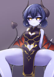 Rule 34 | 1girl, black sclera, blue hair, blue skin, china dress, chinese clothes, cleavage cutout, clothing cutout, colored sclera, colored skin, commentary request, demon girl, demon horns, demon tail, demon wings, double bun, dress, earrings, grey background, hair bun, heart cutout, highres, horns, jewelry, looking at viewer, navel cutout, navel piercing, original, piercing, pointy ears, sabfish1229, simple background, sitting, smile, solo, tail, wings, yellow eyes