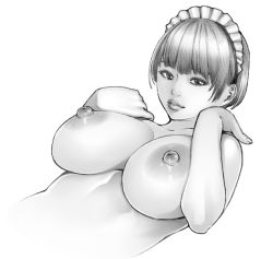 Rule 34 | 1girl, breasts, closed mouth, collarbone, fingernails, greyscale, large breasts, lesson wonder, looking at viewer, maid, maid headdress, monochrome, nipples, nude, original, short hair, simple background, solo, upper body, white background