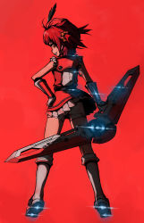 Rule 34 | 1girl, boomerang, boots, flying, from behind, full body, gloves, grin, hand on own hip, hat, hat feather, isshiki akane, looking back, nabe atsushi, palette suit, red background, red eyes, red hair, red theme, short twintails, shorts, skirt, smile, solo, twintails, vividred operation, weapon