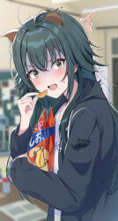 Rule 34 | 1girl, ^^^, animal ears, antenna hair, bag, black jacket, blurry, blurry background, blush, chips (food), food, gakuen idolmaster, green eyes, green hair, highres, holding, holding bag, holding food, holding snack, idolmaster, jacket, juu 10, long hair, long sleeves, looking at viewer, open clothes, open jacket, open mouth, partially shaded face, potato chips, shirt, solo, surprised, sweat, tsukimura temari, upper body, v-shaped eyebrows, white shirt