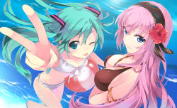 Rule 34 | 029, 2girls, ;p, aqua eyes, aqua hair, aqua nails, armlet, bad id, bad pixiv id, ball, bare shoulders, between breasts, bikini, black one-piece swimsuit, blue eyes, breasts, female focus, flat chest, flower, foreshortening, from above, hair flower, hair ornament, hairband, hatsune miku, hibiscus, jewelry, large breasts, long hair, looking at viewer, looking up, megurine luka, midriff, multiple girls, nail polish, navel, necklace, one-piece swimsuit, one eye closed, outstretched arm, pink hair, polka dot, polka dot bikini, polka dot swimsuit, smile, swimsuit, tongue, tongue out, twintails, upper body, v, vocaloid, water, wink