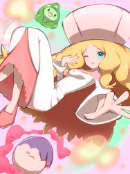 Rule 34 | 1girl, ;o, blonde hair, blue eyes, caitlin (pokemon), creatures (company), dress, duosion, floating, game freak, gen 5 pokemon, hat, highres, long hair, long sleeves, looking at viewer, musharna, nintendo, nuneno, one eye closed, open mouth, outstretched hand, parted bangs, pink footwear, pokemon, pokemon bw, very long hair, white dress