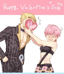 Rule 34 | 1boy, 1girl, ^^^, absurdres, blonde hair, blush, candy, chocolate, chocolate heart, covering face, food, formal, gift, heart, highres, holding, holding gift, jewelry, jojo no kimyou na bouken, magatama, magatama necklace, midriff, necklace, pink hair, prosciutto, short hair, skirt, suit, trish una, valentine, vento aureo, yepnean