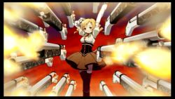 Rule 34 | 10s, 1girl, beret, black border, blonde hair, border, detached sleeves, drill hair, firing, firing at viewer, game cg, gradient background, gun, hair ornament, hat, magical girl, magical musket, mahou shoujo madoka magica, mahou shoujo madoka magica portable, musket, official art, pointing, pointing at viewer, puffy sleeves, rifle, skirt, smile, solo, striped clothes, striped thighhighs, summoning, thighhighs, tomoe mami, twin drills, twintails, vertical stripes, weapon, yellow eyes
