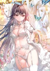 Rule 34 | 1girl, absurdres, between breasts, bra, breasts, brown eyes, brown hair, bug, butterfly, carousel, fingernails, flower, garter belt, garter straps, hair ornament, hairband, hand up, highres, horse, insect, looking at viewer, medium breasts, miwabe sakura, nail polish, navel, open clothes, original, panties, parted lips, petals, scan, stomach, thighhighs, thighs, underwear, white bra, white panties