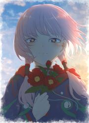 Rule 34 | 1girl, absurdres, blue jacket, blue sky, blush, camellia, flower, hair tubes, highres, holding, holding flower, jacket, kaf (kamitsubaki studio), kamitsubaki studio, kino (kin0 oz), long hair, looking at viewer, low twintails, multicolored eyes, pink hair, red flower, sidelighting, sky, smile, solo, straight-on, sunlight, twintails, upper body, virtual youtuber, yellow pupils