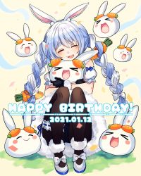 Rule 34 | &gt;o&lt;, 1girl, animal ear fluff, animal ears, ankle cuffs, arm cuffs, black gloves, black leotard, black pantyhose, blue hair, blush, braid, carrot hair ornament, cheek squash, closed eyes, commentary, confetti, dated, dress, english text, food-themed hair ornament, full body, fur-trimmed dress, fur-trimmed gloves, fur trim, gloves, hair between eyes, hair ornament, happy birthday, highres, hololive, hug, knees to chest, leotard, light blue hair, long hair, looking at viewer, multicolored hair, nitumaruta, open mouth, pantyhose, pekomon (usada pekora), rabbit ears, rabbit girl, shoes, simple background, sitting, smile, solo, strapless, strapless dress, thick eyebrows, thigh strap, twin braids, twintails, two-tone hair, usada pekora, usada pekora (1st costume), virtual youtuber, white background, white dress, white footwear, white hair
