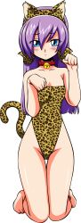 Rule 34 | 1girl, absurdres, animal ears, animal print, artist request, bare shoulders, barefoot, blue eyes, blush, breasts, cat ears, cat tail, collarbone, covered navel, fake animal ears, fake tail, fingernails, flexible, full body, gloves, hairband, highleg, highleg leotard, highres, kittysuit, kneeling, leotard, light purple hair, long hair, looking at viewer, lou roux, nontraditional playboy bunny, paw pose, purple hair, shinkon gattai godannar!!, shiny skin, simple background, skin tight, small breasts, solo, tail, thong leotard, white background