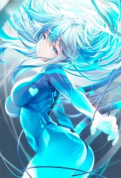 Rule 34 | 1girl, aqua hair, artist request, ass, blue eyes, blue hair, blush, bodysuit, breasts, cable, cyborg, eureka iris, floating hair, from side, head tilt, highres, kagachi saku, large breasts, liver city, long hair, looking at viewer, multicolored hair, parted lips, sidelocks, solo, standing, streaked hair, see-through body, two-tone hair, very long hair, virtual youtuber