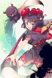 Rule 34 | 1girl, :d, blue eyes, brown hair, brown kimono, echo (circa), fate/grand order, fate (series), hair ornament, holding, holding brush, ink, japanese clothes, katsushika hokusai (fate), kimono, looking at viewer, octopus, open mouth, outstretched arm, short hair, smile, solo, tokitarou (fate)