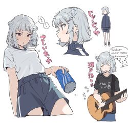 Rule 34 | 1girl, :o, acoustic guitar, alternate costume, arms at sides, black jacket, black shorts, blush, brand name imitation, can, cevio, closed eyes, condensation, cropped legs, cropped shoulders, crying, double bun, flipped hair, grey hair, guitar, gym shirt, gym shorts, gym uniform, hair bun, hair ornament, hairclip, high collar, holding, holding can, holding instrument, incoming drink, instrument, jacket, koharu rikka, looking at viewer, multiple views, music, open mouth, playing instrument, pocari sweat, print shirt, purple eyes, sad smile, shirt, shirt tucked in, short hair, short sleeves, shorts, shoulder strap, simple background, smear frame, synthesizer v, t-shirt, teshima nari, track jacket, translation request, v-shaped eyebrows, white background, | |