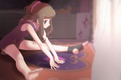 Rule 34 | 1girl, bad id, bad twitter id, barefoot, bedroom, blue eyes, blurry, blurry foreground, blush, brown hair, closed mouth, commentary, curtains, depth of field, full body, hair ornament, hair scrunchie, highres, hood, hoodie, indoors, kurosu aroma, leaning forward, long hair, nail polish, on floor, pink nails, ponytail, pretty series, pripara, ruru ashihara, scrunchie, sitting, sleeveless, solo, stretching, stuffed toy, window