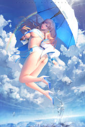 Rule 34 | 1girl, ass, blonde hair, blue eyes, blue sky, bow, bracelet, breasts, cloud, commentary, day, earrings, full body, hair bow, high heels, highres, holding, hyulla, jacket, jewelry, large breasts, lips, lipstick, long hair, looking at viewer, makeup, midriff, mole, mole under eye, off shoulder, open clothes, open jacket, original, outdoors, parted lips, rain, rainbow, sky, smile, solo, star tattoo, strapless, sunlight, tattoo, tube top, twisted torso, umbrella, underboob, water, water drop