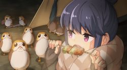 Rule 34 | 1girl, black gloves, blue hair, camping, commentary request, crossover, eating, fingerless gloves, food, gloves, holding, holding skewer, kebab, long hair, night, open mouth, porg, purple eyes, scarf, shima rin, skewer, star wars, sweatdrop, tent, yamaguchi yoshimi, yurucamp