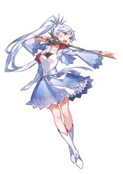 Rule 34 | 1girl, absurdres, blue dress, blue footwear, blue jacket, boots, breasts, collarbone, commentary, cropped jacket, dress, english commentary, floating hair, head tilt, highres, holding, holding sword, holding weapon, jacket, kaneblob, long hair, medium breasts, official art, open mouth, ponytail, rapier, rwby, solo, sword, weapon, weiss schnee, white hair