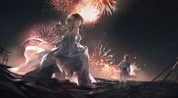 Rule 34 | 1boy, 1girl, absurdres, bad id, bad pixiv id, blonde hair, clothes lift, detached sleeves, dress, dress lift, fireworks, flower, from behind, genshin impact, hair flower, hair ornament, highres, jacket, lifted by self, looking at viewer, looking back, lumine (genshin impact), night, night sky, pants, partially submerged, red scarf, scarf, short hair, short hair with long locks, silver dress, sky, tartaglia (genshin impact), torii, white jacket, white pants, white scarf, yellow eyes, zeklewa