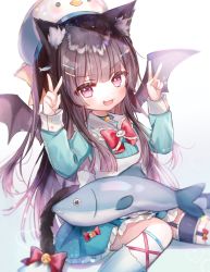 Rule 34 | 1girl, :d, animal ears, bell, bird hat, blue shirt, blue skirt, blush, bow, brown hair, brown wings, cat ears, cat girl, cat tail, collared shirt, commentary request, commission, copyright request, double v, fang, hair ornament, hairclip, hands up, hat, highres, jingle bell, long hair, open mouth, pleated skirt, red bow, red eyes, rucaco, shirt, sitting, skeb commission, skirt, smile, socks, solo, tail, tail bell, tail bow, tail ornament, v, very long hair, virtual youtuber, wariza, white hat, white socks, wings
