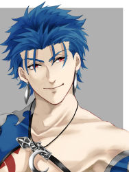 Rule 34 | 1boy, bad id, bad twitter id, blue hair, bodypaint, close-up, closed mouth, crescent, crescent necklace, cu chulainn (fate), cu chulainn (fate/stay night), cu chulainn (second ascension) (fate), earrings, fate/grand order, fate (series), jewelry, looking to the side, male focus, necklace, official alternate costume, red eyes, simple background, smile, solo, spiked hair, strap, type-moon, yanaki (ynyaan 3)