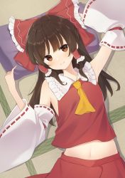 Rule 34 | armpits, ascot, bow, breasts, brown eyes, brown hair, commentary request, detached sleeves, frilled bow, frills, hair bow, hair tubes, hakurei reimu, highres, kanpa (campagne 9), medium hair, nontraditional miko, ofuda, outstretched arms, pillow, red bow, ribbon-trimmed sleeves, ribbon trim, skirt, skirt set, small breasts, spread arms, touhou, wide sleeves, yellow ascot