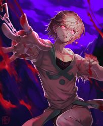 Rule 34 | 1boy, androgynous, black shirt, blonde hair, blood, blurry, blurry foreground, chain, clenched teeth, cloud, cloudy sky, collarbone, fighting stance, glowing, glowing eyes, hair between eyes, halu-ca, highres, hunter x hunter, jewelry, kurapika, looking to the side, male focus, multiple rings, outdoors, outstretched hand, pants, red eyes, ring, shirt, short hair, sky, solo, teeth, torn sleeve, undershirt, white pants, white shirt