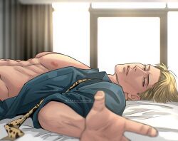 Rule 34 | 1boy, abs, animal print, bara, blonde hair, blue shirt, brown eyes, curtains, highres, ilameys, indoors, jujutsu kaisen, leopard print, lips, looking at viewer, lying, male focus, muscular, muscular male, nanami kento, necktie, on back, open clothes, open shirt, parted lips, pectorals, shirt, short hair, solo, undone necktie, upper body, window, yellow necktie