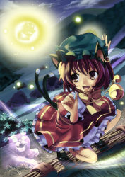 Rule 34 | 1girl, animal ears, bad id, bad pixiv id, brown hair, cat ears, cat girl, cat tail, chen, dress, earrings, female focus, hat, hidebo, jewelry, multiple tails, nature, outdoors, plant, short hair, sky, solo, tail, touhou