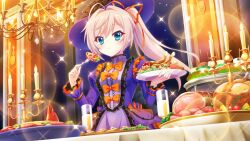 Rule 34 | 1girl, :t, ahoge, blue dress, blue eyes, bow, breasts, buffet, candelabra, candlestand, chandelier, chicken (food), closed mouth, cup, dot nose, dress, drinking glass, dutch angle, eating, film grain, food, fork, frilled dress, frills, game cg, hair ribbon, ham, high ponytail, himura nagisa, holding, holding fork, holding plate, indoors, izumi tsubasu, lens flare, lobster, long sleeves, medium breasts, night, night sky, non-web source, official art, orange bow, orange ribbon, pink hair, plate, re:stage!, ribbon, sky, smile, solo, sparkle, table, tablecloth, tray