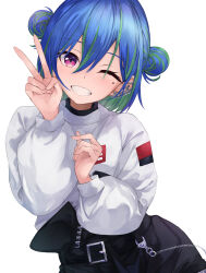 Rule 34 | 1girl, black shorts, blue hair, blush, chain, commentary request, cowboy shot, double bun, earclip, fingernails, green hair, grin, hair between eyes, hair bun, highres, konkito, long bangs, long sleeves, looking at viewer, mole, mole under eye, multicolored hair, nanashi inc., official alternate costume, one eye closed, pink eyes, short hair, shorts, simple background, smile, solo, suzumi nemo, suzumi nemo (2nd costume), sweater, two-tone hair, v, virtual youtuber, white background, white sweater, zipper