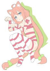 Rule 34 | 1girl, absurdres, ahoge, animal ears, bare shoulders, blue eyes, cat ears, donguri suzume, drop shadow, full body, hair bobbles, hair ornament, hands up, highres, hinata channel, long hair, looking at viewer, naked ribbon, navel, nekomiya hinata, parted lips, paw pose, pink hair, red ribbon, ribbon, simple background, solo, thighhighs, very long hair, virtual youtuber, white background, white thighhighs