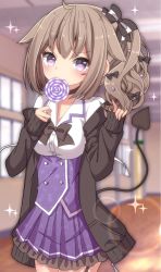 Rule 34 | 1girl, bad id, bad pixiv id, black bow, black cardigan, blurry, blurry background, blush, bow, brown hair, candy, cardigan, demon tail, depth of field, food, hair bow, hair flaps, heart, heart-shaped pupils, highres, holding, holding candy, holding food, holding lollipop, indoors, lollipop, long sleeves, open cardigan, open clothes, original, pleated skirt, purple eyes, purple skirt, sapphire (sapphire25252), shirt, side ponytail, skirt, sleeves past wrists, solo, striped, striped bow, swirl lollipop, symbol-shaped pupils, tail, white shirt, window