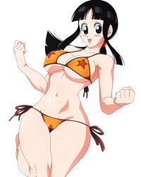 Rule 34 | 1girl, absurdres, bikini, black eyes, black hair, breasts, chi-chi (dragon ball), dragon ball, dragon ball (classic), dragon ball (object), fighting stance, happy, highres, medium breasts, rozuberry, smile, solo, swimsuit, tagme, thick thighs, thighs, white background