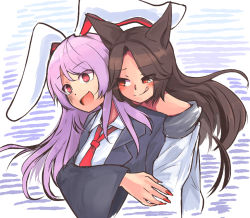 Rule 34 | 2girls, animal ears, blazer, blouse, blush, brown hair, collared shirt, dress, eyelashes, eyes visible through hair, fingernails, ginnkei, hug, hug from behind, imaizumi kagerou, jacket, licking lips, light purple hair, long fingernails, long hair, long sleeves, looking at another, multiple girls, nail polish, necktie, off-shoulder dress, off shoulder, open mouth, rabbit ears, red eyes, red nails, red neckwear, reisen udongein inaba, shirt, smile, tongue, tongue out, touhou, turn pale, white dress, white shirt, wide sleeves, wolf ears, you gonna get raped, yuri