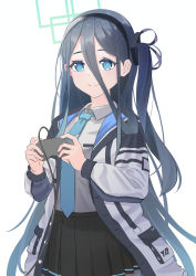 Rule 34 | 1girl, absurdres, aris (blue archive), bad id, bad twitter id, blue archive, blue eyes, blue hair, commentary request, dark blue hair, hair between eyes, hair ornament, halo, headband, highres, jacket, long hair, looking at viewer, necktie, playing games, school uniform, side ponytail, smile, white background, wire