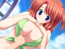 Rule 34 | 1girl, akimoto nanami, bikini, bikini pull, blue eyes, blush, breasts, clothes grab, clothes pull, cloud, day, game cg, green bikini, large breasts, pastel kitchen, pulling another&#039;s clothes, red hair, side ponytail, solo, swimsuit